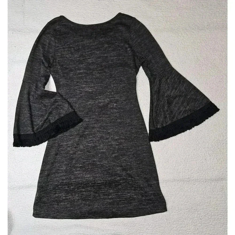 Altar'd State Size Medium Black & Gray Boho Fringe Bell Sleeve Mini Dress - Picture 10 of 12